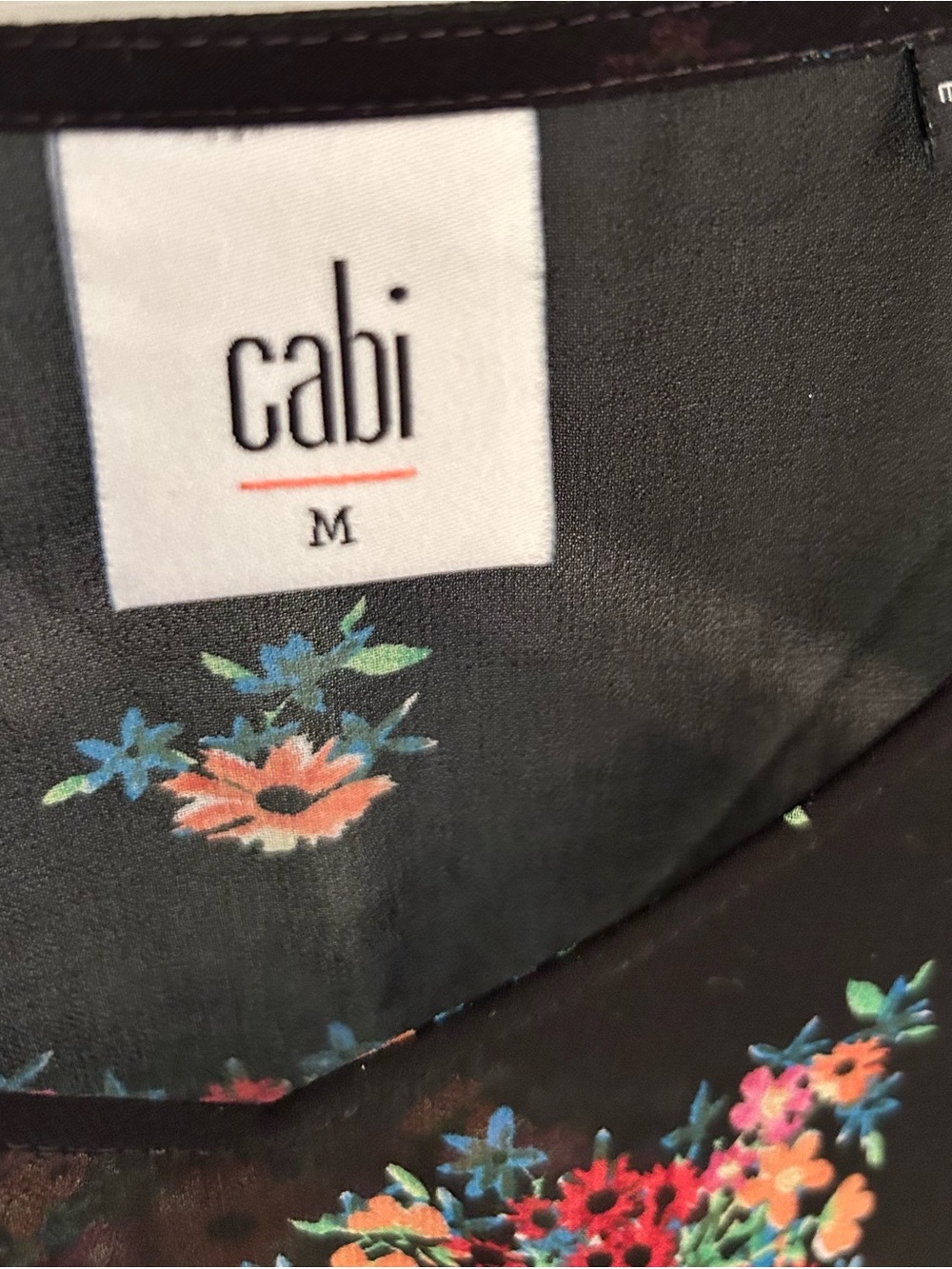 CAbi Black Floral V-Neck Top with Coral and Blue Blooms